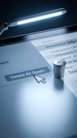 Modern desk lamp illuminating email inbox with delete spam button and cursor pointer, representing digital communication management and unwanted message removal.