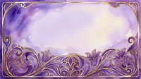 Ornate purple and gold decorative frame with watercolor lavender background, elegant baroque flourishes and swirls, isolated on white for invitations, cards, and design projects.