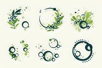 Green floral circular frames with abstract swirls, dots and botanical elements on beige background. Decorative design elements for eco-friendly branding.