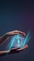 Hands protecting holographic cybersecurity interface with digital locks and security icons for data protection and privacy technology concepts.
