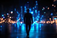 Silhouette of businessman walking towards glowing blue digital data visualization with bokeh lights, representing technology and future leadership.