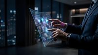 Businessman using futuristic transparent tablet with holographic interface in modern office environment showcasing advanced technology and digital innovation.