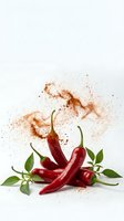 Red chili peppers with spice powder explosion on white background for culinary and cooking designs.