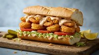 Crispy fried shrimp po boy sandwich with lettuce and tomato on crusty bread roll served on wooden cutting board with pickles and lemon wedge for seafood dining.