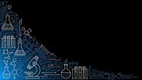 Science technology background with laboratory equipment icons and circuit board patterns on dark blue gradient for medical research presentations.
