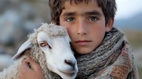 Young Hispanic shepherd boy wearing wool scarf holds white sheep close to face in tender moment, highlighting rural farming lifestyle and animal care in agriculture setting.