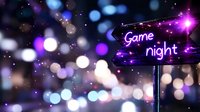Glowing neon game night sign against blurred bokeh lights background creates magical evening atmosphere with purple and blue illumination effects.