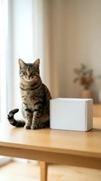 Tabby cat sitting next to white cardboard box on wooden table in bright modern home interior for delivery and shipping concepts.