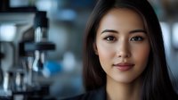 Young Asian woman scientist in laboratory setting with microscopes and research equipment in background, confident professional expression and lab coat.