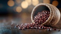 Roasted coffee beans spilling from rustic basket on wooden surface with bokeh lights background, creating atmospheric mood for cafe and coffee shop marketing.