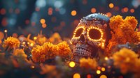 Decorative skull with glowing eyes surrounded by vibrant orange marigold flowers and bokeh lights creating magical atmosphere for Day of Dead celebration.