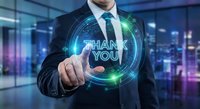 Professional businessman touching holographic thank you message with digital interface in modern office environment for customer service and appreciation concepts.