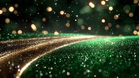 Magical glowing particles flow in waves of green and gold against dark background creating ethereal abstract landscape with bokeh light effects and sparkles.