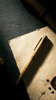 Vintage brass pen on aged parchment paper with dramatic lighting and shadows creating atmospheric writing scene for creative projects.