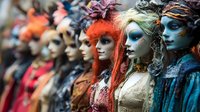 Mannequin heads wearing colorful wigs and theatrical makeup in various styles, displayed in rows for fashion, costume design, retail display, and creative styling reference.