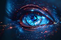 Futuristic cybernetic eye with glowing blue iris surrounded by digital interface elements and HUD displays, perfect for technology, AI, biometric security and sci-fi concepts.