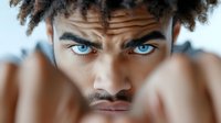 Close up portrait of young African American male model with striking blue eyes and curly hair looking intensely at camera with dramatic lighting and blurred edges.