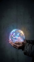 Hands holding glowing digital network sphere with connected nodes and data visualization against dark textured background for technology concepts.