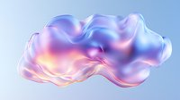 Flowing abstract liquid shape in holographic colors with smooth metallic texture and iridescent surface against light blue background creates futuristic design element.