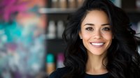 Young woman with dark wavy hair and bright smile in beauty salon with colorful blurred background, perfect for cosmetic advertising.