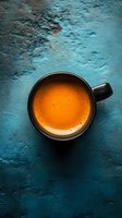 Black ceramic cup with fresh orange turmeric latte on textured turquoise background captured from above, showing vibrant contrast and minimalist composition.