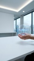 Hand holding glowing holographic sphere with balance symbol in modern office with city skyline view, representing financial stability, wellness, and business equilibrium.