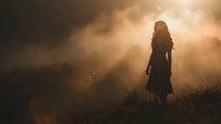 Woman silhouette standing in dramatic golden sunset light with atmospheric clouds and grass field creating moody contemplative scene for wellness content.