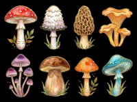 Mushroom and toadstool collection isolated on transparent background, ready for t-shirt design, clipart, stickers, sublimation and print-on-demand products.