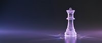 Crystal chess queen piece glowing with purple light on dark reflective surface, symbolizing strategy, leadership, and power.