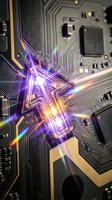 Futuristic circuit board with glowing purple and gold light effects, microchips and electronic components for technology and innovation concepts.
