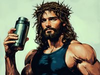 Muscular bearded man with crown of thorns holding modern water bottle, wearing tank top against light background. Humorous contemporary religious art concept.
