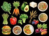 Healthy food ingredients collection with fresh vegetables, fruits, grains, and prepared meals isolated on transparent background. Ready for t-shirt design, clipart, stickers, print-on-demand products, and sublimation projects.