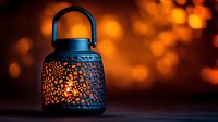 Decorative metal lantern with intricate pattern casting warm light against dark background with golden bokeh lights creating cozy atmospheric mood.