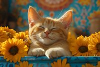 Smiling ginger cat lying among bright yellow sunflowers on turquoise background. Relaxed feline with closed eyes showing contentment and happiness in summer garden setting.