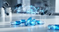 Futuristic digital network with glowing blue crystals and holographic data visualization displaying connected nodes and information graphics on modern surface.