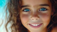 Close up portrait of young girl with bright blue eyes, natural freckles, and curly brown hair smiling warmly at camera against turquoise background.