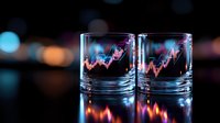Financial market data reflected in whiskey glasses with glowing stock charts and candlestick patterns against dark background with bokeh lights and mirror reflection.