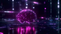 Glowing purple brain floating over reflective digital surface with neon lights and bokeh effects, representing artificial intelligence and neural networks.