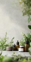 Natural cosmetic bottles and fresh herbs against light gray background. Essential oils and organic skincare products with green botanical elements and copy space.