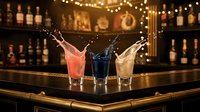 Three colorful cocktails with dramatic splash effects on elegant bar counter in upscale establishment with warm ambient lighting and bottle display background.