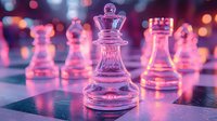 Glass chess queen piece with blurred chess pieces in background illuminated by vibrant pink and purple neon lights creating dramatic atmosphere for strategy concept.