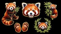 Adorable red panda character collection isolated on transparent background. Includes sitting pose, face, paw prints, and wreath designs. Ready for t-shirt designs, stickers, clipart, sublimation, and print-on-demand products.