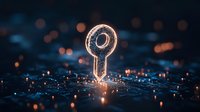 Glowing digital key on circuit board with bokeh lights creates futuristic cybersecurity concept. Orange and blue tones illuminate dark tech background.