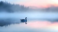 Lone swan gliding across misty lake at dawn, silhouetted against pink and blue sky. Ethereal fog creates dreamy atmosphere over calm water surface.