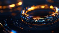 Macro shot of camera lens with golden and blue light reflections creating circular bokeh effect on dark background, artistic photography composition.