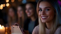 Young blonde woman holding shopping bag smiling at camera with friends in background during evening retail therapy session with bokeh lights.