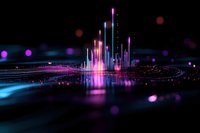 Glowing neon city skyline with vertical light bars reflecting on dark surface, futuristic digital landscape with pink and blue illumination and bokeh effects.