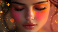 Young woman with closed eyes and glowing makeup in warm orange light with magical bokeh sparkles and glitter effects creating dreamy atmosphere.