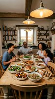 Happy African American family enjoying homemade dinner together in rustic farmhouse kitchen with warm pendant lighting and wooden dining table.