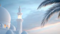 Serene mosque architecture with white domes and minaret against pastel sunset sky, palm frond in foreground creates peaceful Middle Eastern ambiance.